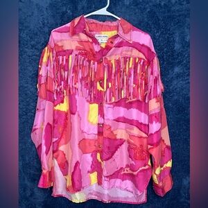 Carol Horn Workshop woman’s  vintage Top Silk Western Fringe Button Up Size M
